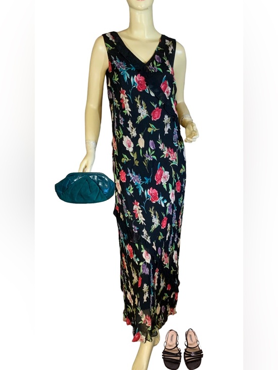 Unbranded Dresses & Skirts - VINTAGE Y2K BLACK MULTI-COLOR FLORAL PRINT W/LACE RUFFLE CHIFFON SILK DRESS (L)